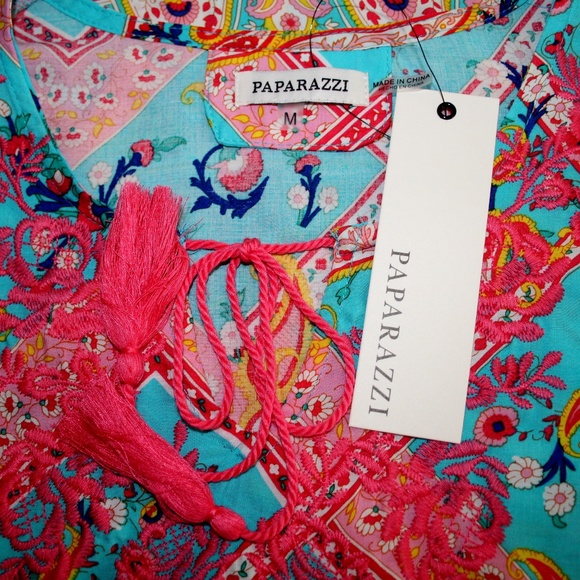 Paparazzi Paisley Embroidered Tunic Turquoise Floral Pink M NEW - Picture 5 of 5